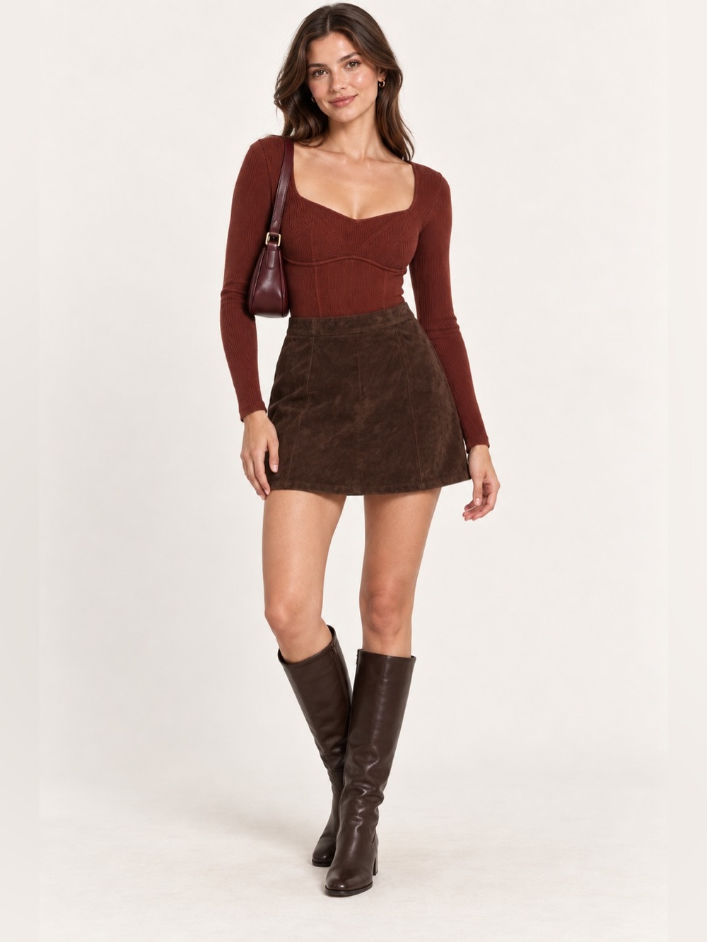 Abercrombie & Fitch Rust Ribbed Sweetheart Long Sleeve Bodysuit XS